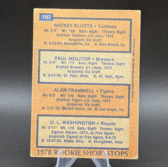 1978 Topps #707 Rookie Shortstops w/ Paul Molitor Alan Trammell RC HOF Brewers - Picture 6 of 8